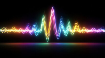 Bright neon rainbow waves pulse and flow on a dark background, creating a vibrant retro atmosphere filled with glowing colors and dynamic energy