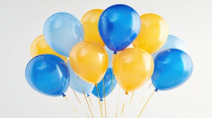 blue and yellow balloons on white background  festive decoration  ideal for birthday invitations celebration announcements or event flyers
