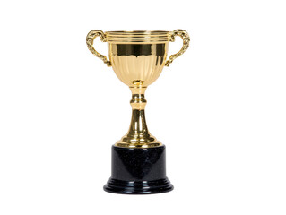Golden trophy cup with ornate handles shiny metallic finish and black base symbolizing achievement success and victory often awarded in competitions or sports events evoking pride and celebration