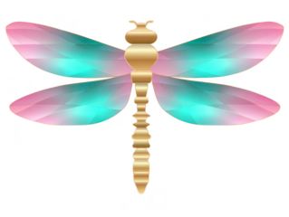 Golden dragonfly with pastel pink and blue gradient wings, symmetrical design, isolated on transparent background, elegant and whimsical, suitable for decoration or logo use