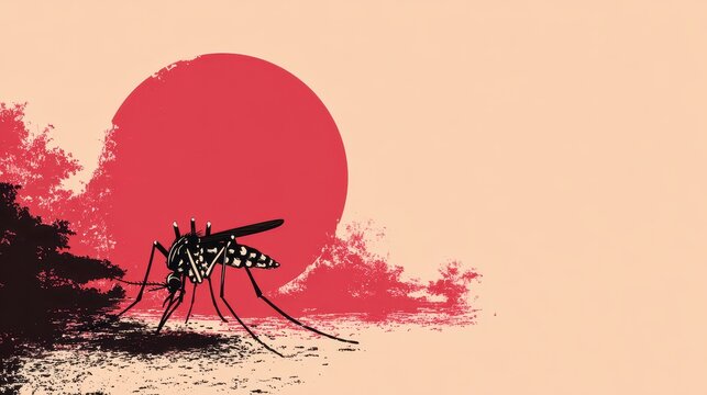 Mosquito hovering near water in a sunset scene with trees, highlighting its role in disease transmission and vector control efforts