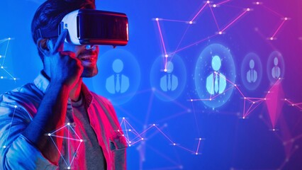 A young man engages with virtual reality technology, surrounded by abstract digital elements. The scene reflects exploration and interconnectedness in a modern tech landscape. Raster