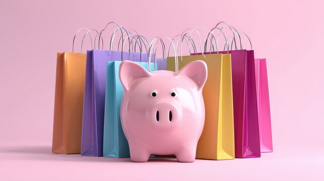 Savings and spending represented by a pink piggy bank surrounded by colorful shopping bags on a light pink background - Powered by Adobe