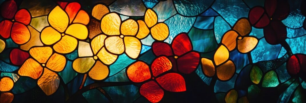 A vibrant stained glass window featuring colorful flowers in shades of red, yellow, and blue.