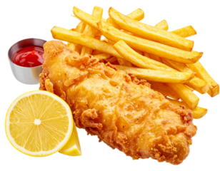 Fish and chips with lemon and ketchup isolated on white background, transparent PNG