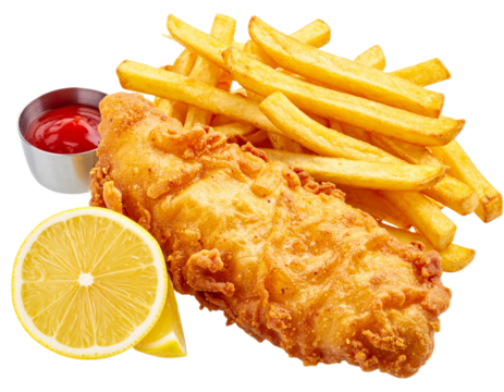 Fish and chips with lemon and ketchup isolated on white background, transparent PNG - Powered by Adobe
