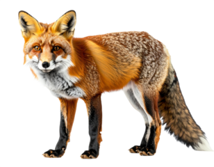 Red fox standing proudly isolated on white background, transparent PNG