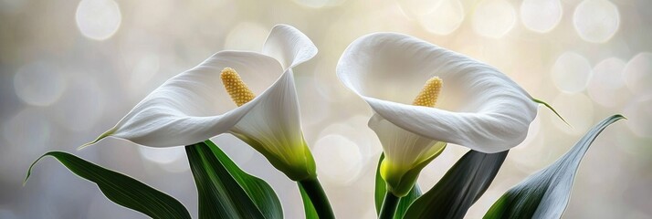 Two white calla lilies with yellow centers against a blurred background.