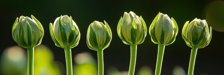 A row of green and white tulip buds with a blurred green background.
