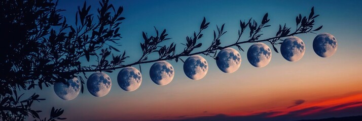 A tree branch with nine full moons hanging from it against a colorful sky.