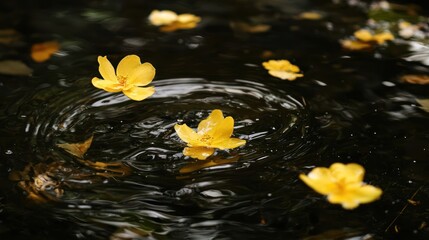 Yellow flowers floating on dark water with ripples.