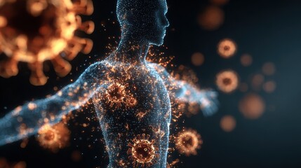 Representation of human body with glowing virus particles, illustrating interaction between immune system and pathogens