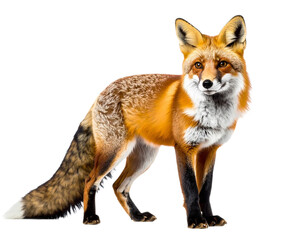 Fototapeta premium Red fox standing, isolated on white background, transparent PNG