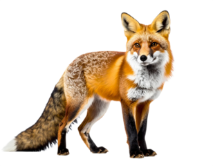 Red fox standing, isolated on white background, transparent PNG