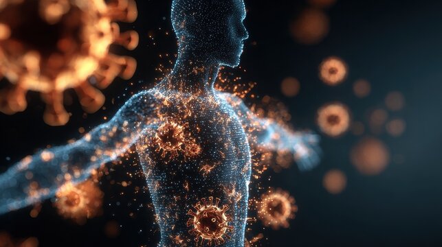 Representation of human body with glowing virus particles, illustrating interaction between immune system and pathogens