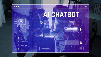 Fototapeta premium A dynamic workspace featuring an AI chatbot interface with professionals collaborating in a modern setting, highlighting technology, communication, and teamwork. Raster