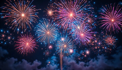 Fototapeta premium Colorful Fireworks Burst in Night Sky Celebration Background