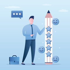 Business man hold giant pencil with five stars rating. Evaluation or satisfaction feedback, performance rating or customer review, rate service. Survey, testimonials.