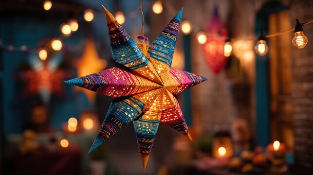 vibrant las posadas celebration decoration featuring a traditional star piñata hanging against a warm festive lights background showcasing colorful hispanic holiday decor and joyful mexican christmas