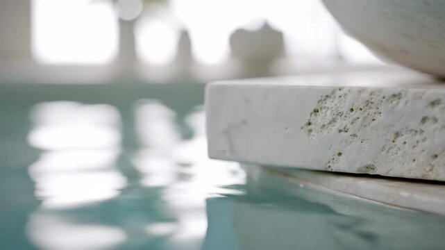 Close-up of a white marble pool coping edge with greenish-blue water and blurred background with natural light.