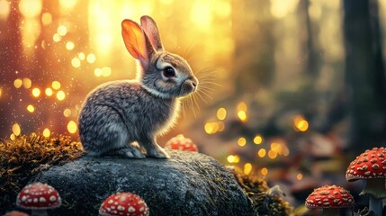 A cute gray rabbit sitting on a rock in a magical forest with mushrooms and a golden sunset in the background.