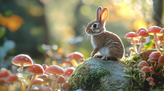A rabbit sitting on a rock surrounded by mushrooms in a forest with a blurred background. - Powered by Adobe