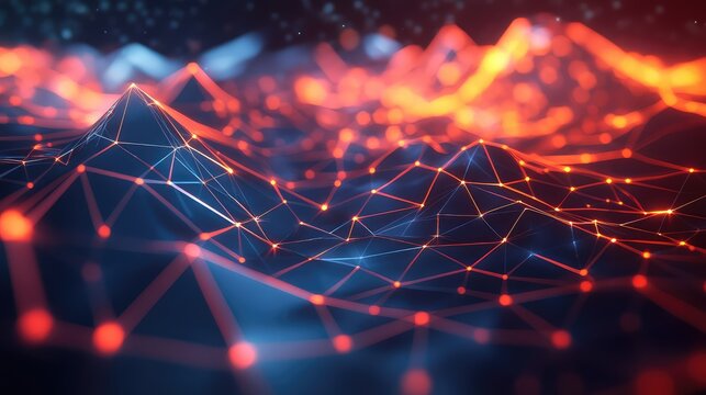 Digital network connecting nodes forming abstract landscape