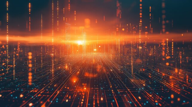 Digital city visualizing data connections at sunset