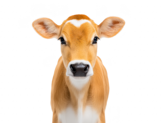 Young brown calf with white markings stands facing forward, isolated on transparency background, displaying calm and gentle expression, perfect for agricultural or educational themes