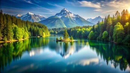 Fototapeta premium Serene Mountain Lake Reflection A Picturesque Island Amidst Lush Evergreen Forests and Majestic Snow-Capped Peaks at Sunrise