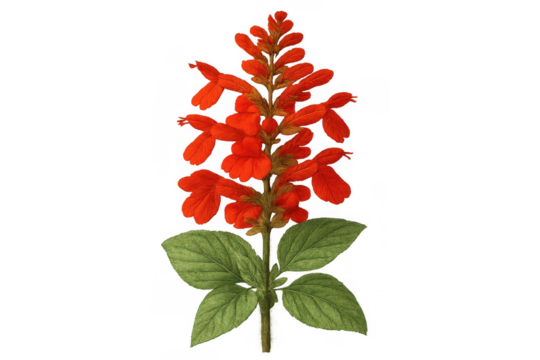 Scarlet sage (salvia splendens) blooming, creating a vibrant red floral illustration with green leaves, transparent background