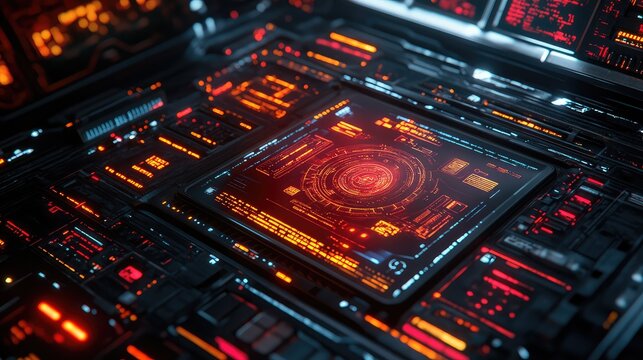 Digital interface displaying futuristic data on circuit board