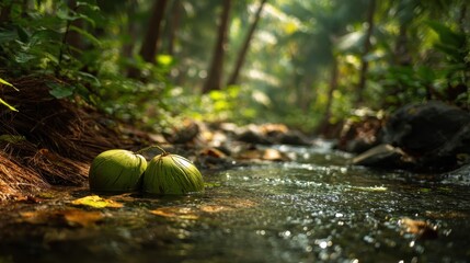 Two green coconuts resting in a tranquil stream surrounded by lush vegetation in a tropical forest