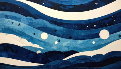 Stylized blue sky painting with white clouds, stars, and moons in a wavy pattern