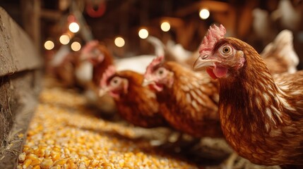 Brightly colored chickens foraging on corn in a rustic barn during golden hour with soft warm lights in the background