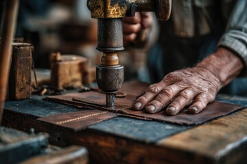Skilled craftsperson using a hammer to seam leather goods in a traditional workshop setting, showcasing detailed craftsmanship