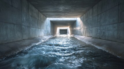 Water flowing through a large concrete drainage tunnel during daylight hours