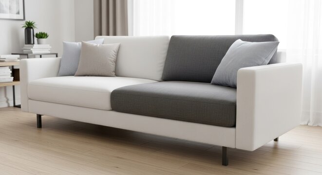 A modern, minimalist white sofa with gray and white cushions in a bright, well-lit living room.