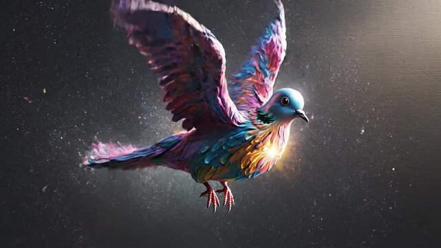 Colorful dove in flight against a starry background symbolic imagery