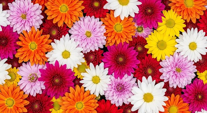 A vibrant and colorful display of chrysanthemums in full bloom, creating a cheerful and eyecatching floral background
