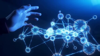 A complex glowing neural network hologram with flowing data streams in a dark room as a hand reaches to touch it concept of advanced artificial intelligence and human machine interface - Powered by Adobe
