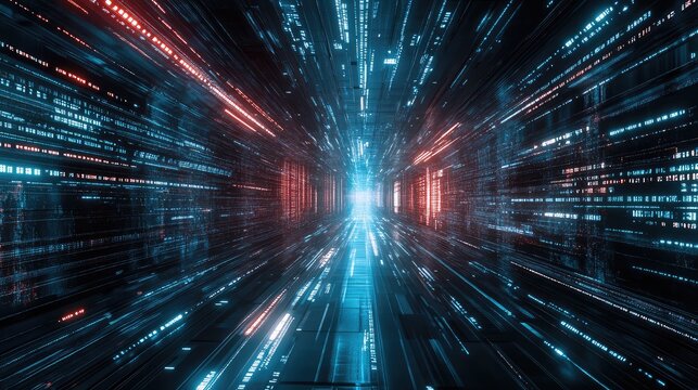 Traversing digital data tunnel with glowing information lines - Powered by Adobe