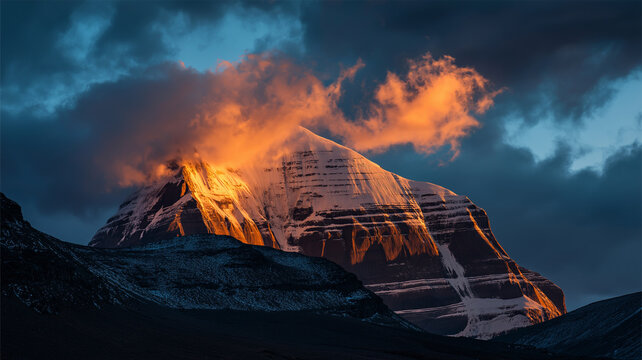 Bright golden light bathes the summit of Kailash as the sun sets, creating a stunning view Generative AI
