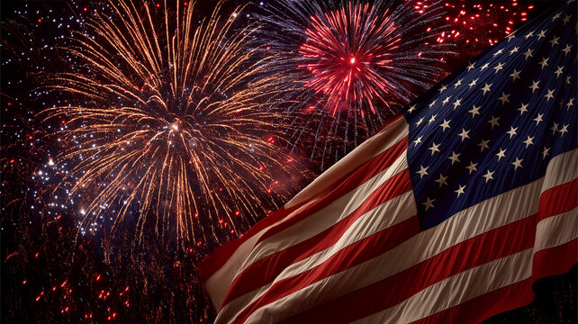 The American flag waves proudly against a backdrop of vibrant fireworks lighting up the night Generative AI