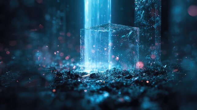 Glowing crystal cube receiving energy light beam outdoors