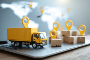 Logistics and supply chain management concept with a model truck on a laptop showing global delivery options and packages ready for shipping
