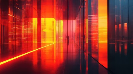 Abstract data center architecture reflecting glowing orange light
