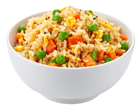 Fried rice in a white bowl isolated on white background, transparent PNG
