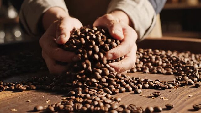 Close up of hands sorting coffee beans on a wooden table.