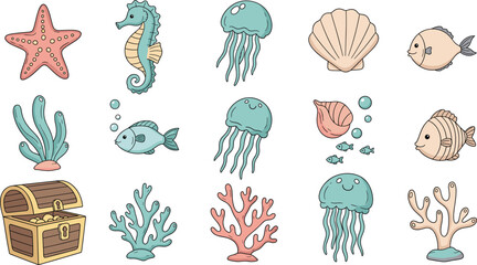 Cute Ocean Icons: Hand-Drawn Sea Creatures, Beach Elements & Marine Doodle Vector Set